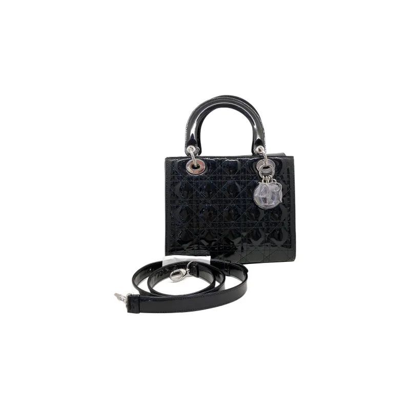 DIOR Lady Dior Patent Leather Calfskin Shoulder Bag Crossbody Bag Handbag Medium Size Women's Black-1