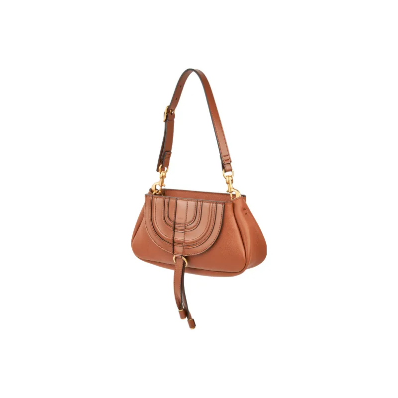 Chloe Marcie Grained Calfskin Patchwork Leather Portable One Shoulder Clutch Small Size Women's Brown Yellow-1