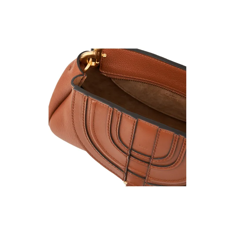 Chloe Marcie Grained Calfskin Patchwork Leather Portable One Shoulder Clutch Small Size Women's Brown Yellow-4