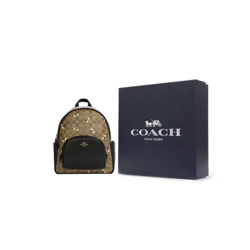 COACH Court Cow Leather Backpack Large Size Women's Khaki & Black-5