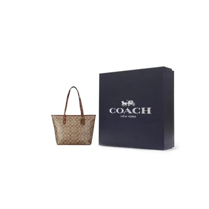 COACH City Zip Tote Artificial Leather Tote Bag Shopping Bag Handbag Shoulder Bag Women's Khaki-0