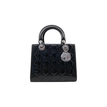 DIOR Lady Dior Patent Leather Calfskin Shoulder Bag Crossbody Bag Handbag Medium Size Women's Black