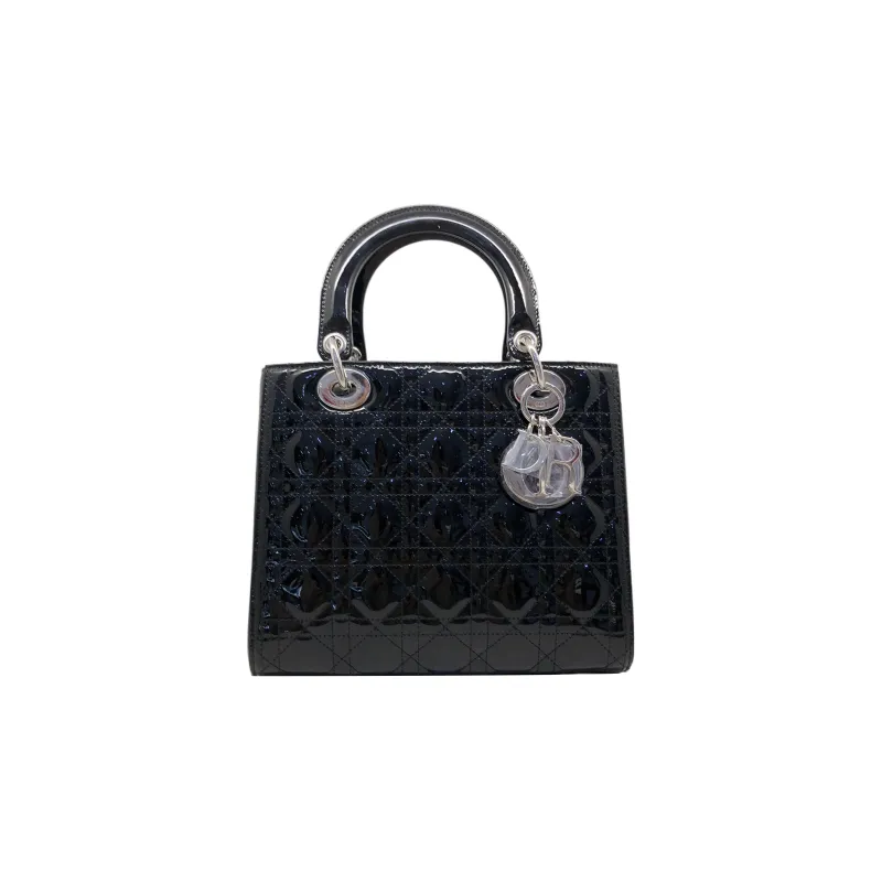 DIOR Lady Dior Patent Leather Calfskin Shoulder Bag Crossbody Bag Handbag Medium Size Women's Black-0
