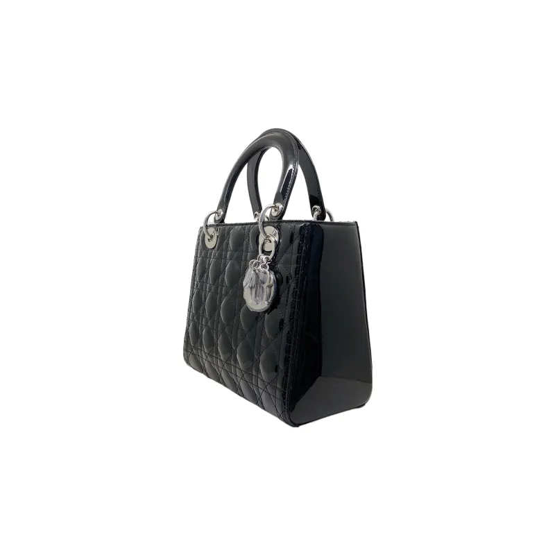 DIOR Lady Dior Patent Leather Calfskin Shoulder Bag Crossbody Bag Handbag Medium Size Women's Black-3