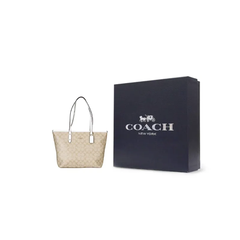 COACH City Zip Tote Canvas With Leather Tote Bag Shopping Bag Handbag Shoulder Bag Women's Light Khaki Monogram-0