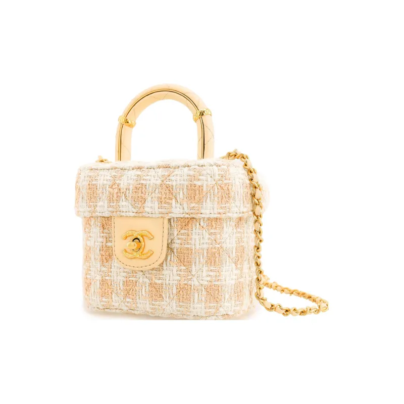 CHANEL Lambskin With Tweed Portable One Shoulder Crossbody Makeup Bag Trumpets Women's Orange/White-1
