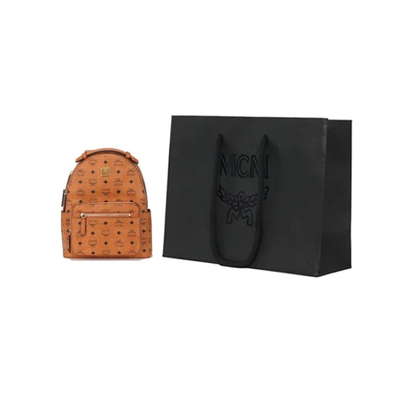 MCM Stark Visetos Leather Handbag Backpack Trumpets Unisex Brown Cognac-7