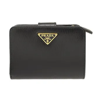 PRADA Litchi Embossed Calfskin Wallet Regular Women's Black