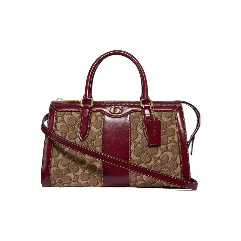 COACH Bond Jacquard With Calfskin Kelly Bag Shoulder Bag Crossbody Bag Handbag Large Size Women's Brown & Deep Red-0