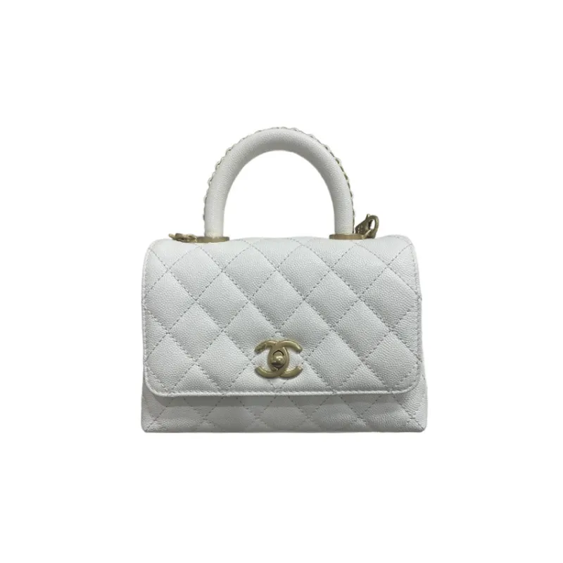 CHANEL 23P Spring Summer Coco Handle Litchi Grain Cow Leather Shoulder Bag, Crossbody Bag, Handbag Mini Women's White-0