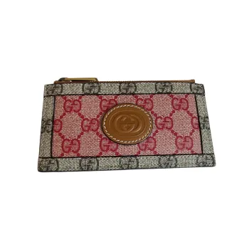 GUCCI Denim Patchwork Leather Card Holder Women's Red