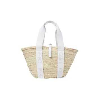 Chloe Raffia With Calfskin Basket Bag, One Shoulder Handbag Medium Size Women's Crystal White