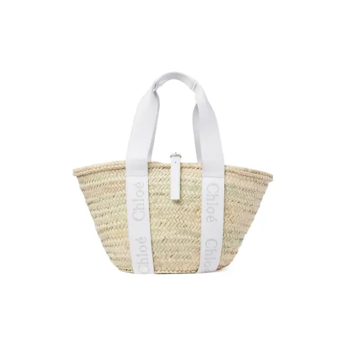 Chloe Raffia With Calfskin Basket Bag, One Shoulder Handbag Medium Size Women's Crystal White