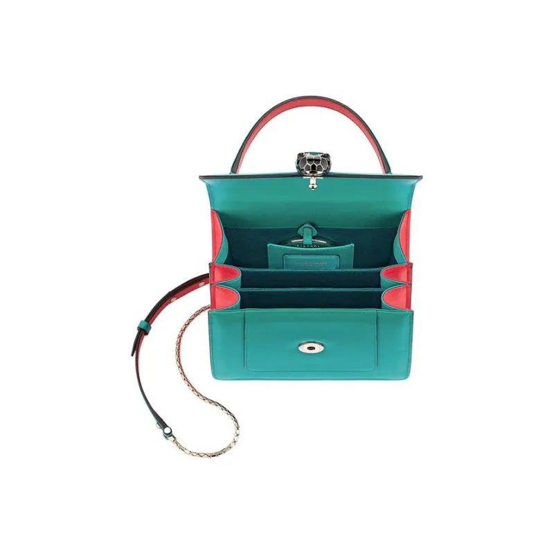 BVLGARI Serpenti Forever Calfskin Trunk Bag Flap Shoulder Bag Crossbody Bag Handbag Small Size Women's Turquoise-3