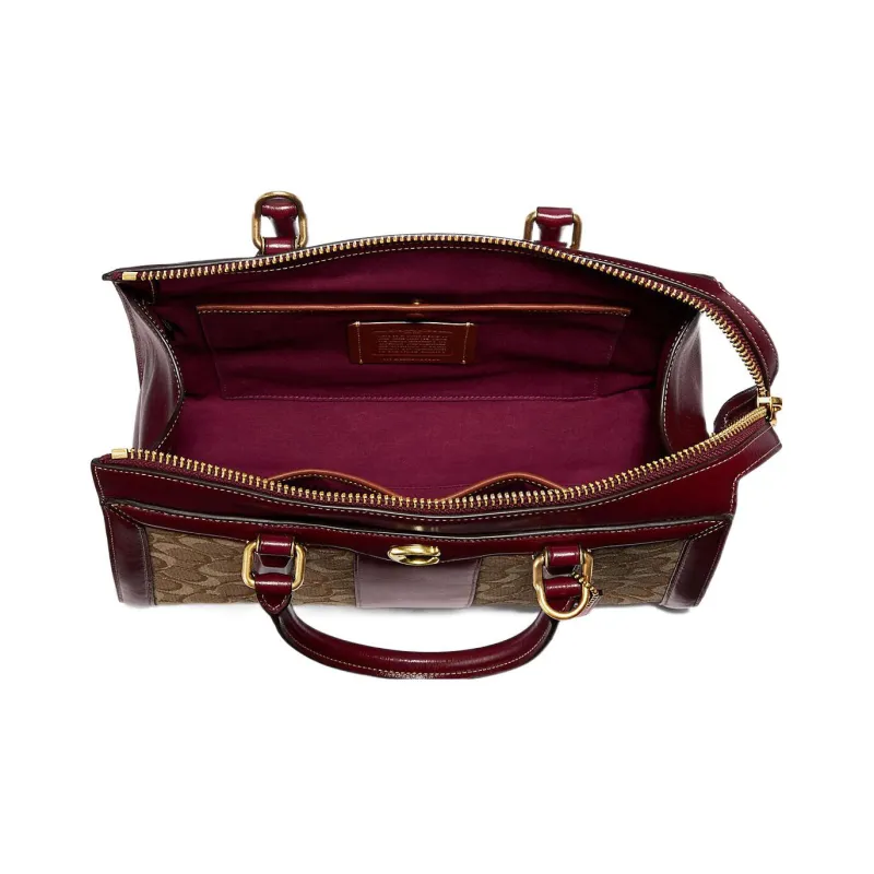 COACH Bond Jacquard With Calfskin Kelly Bag Shoulder Bag Crossbody Bag Handbag Large Size Women's Brown & Deep Red-2