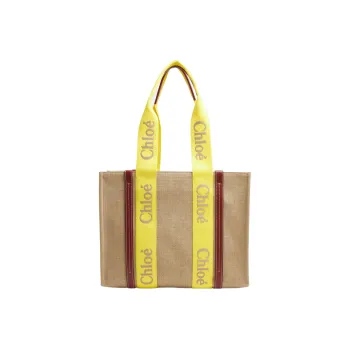 Chloe Woody Linen Canvas With Calfskin Canvas Bag, Tote Bag, Shopping Bag, Handbag Medium Size Women's Yellow