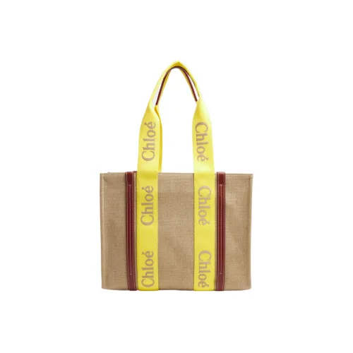 Chloe Woody Linen Canvas With Calfskin Canvas Bag, Mini tote Bag, Shopping Bag, Handbag Medium Size Women's Yellow