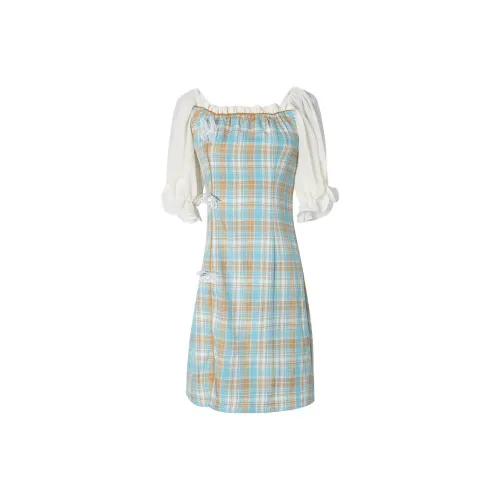 JK&JS Short-Sleeved Dresses Women's Yellow And Blue Plaid