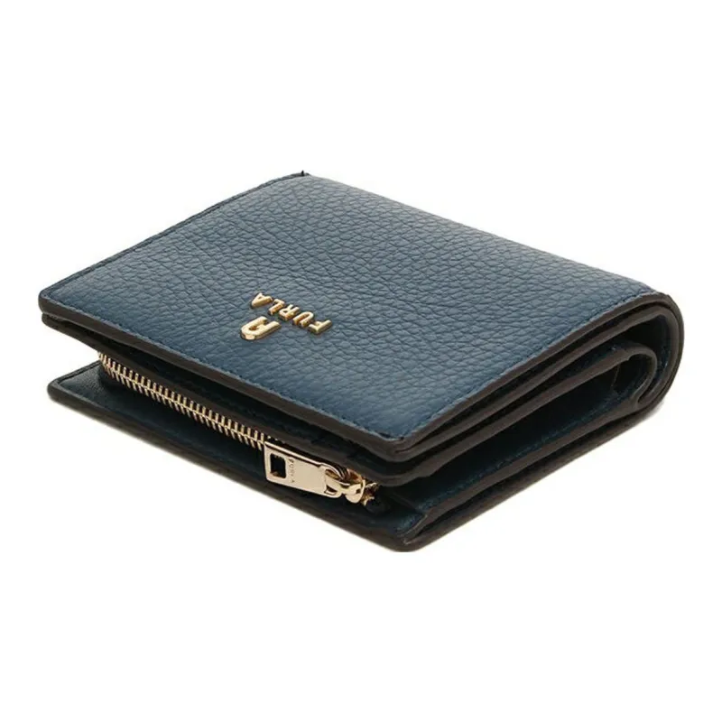 Furla Grained Leather Cropped Card Holder Wallet Mini Women's Blue-2