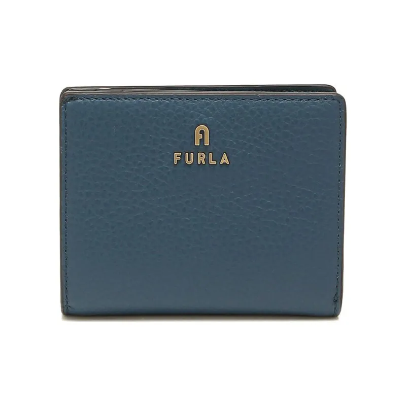 Furla Grained Leather Cropped Card Holder Wallet Mini Women's Blue-0