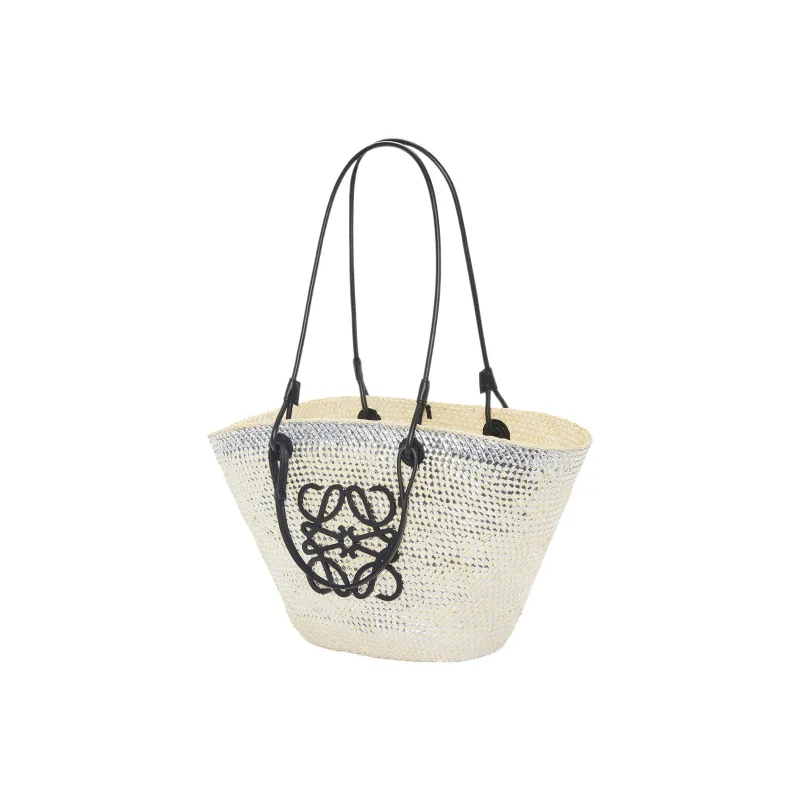LOEWE Anagram Basket Palm Fiber Cow Leather Patchwork Handbag Shoulder Bag Women's White/Natural-1