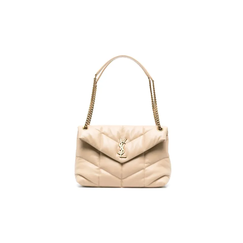 SAINT LAURENT LOULOU Lambskin Puffer Cloud Bag Pillow Bag Chain Shoulder Bag Crossbody Bag Women's Beige-0