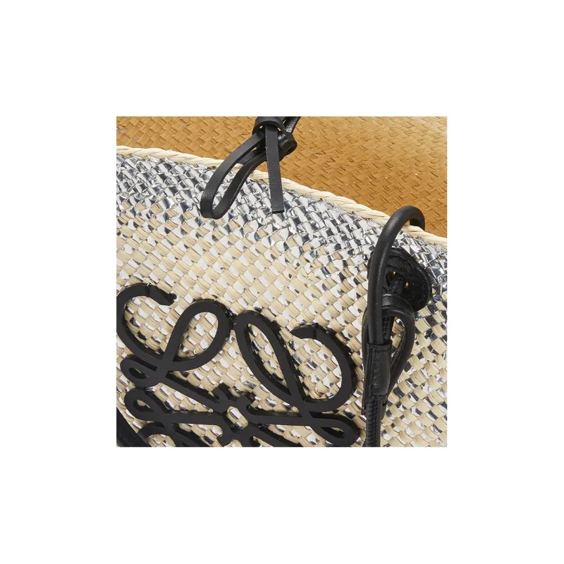 LOEWE Anagram Basket Palm Fiber Cow Leather Patchwork Handbag Shoulder Bag Women's White/Natural-4