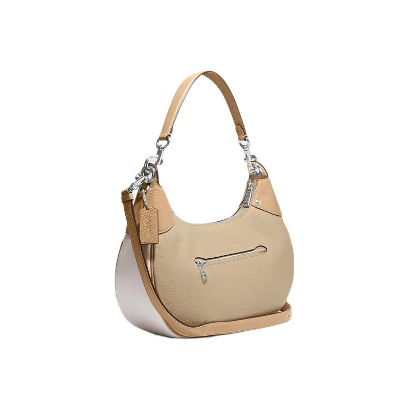 COACH Hobo Pebbled Leather Shoulder Bag, Crescent Bag, Handbag, Shoulder Bag Women's Khaki-1