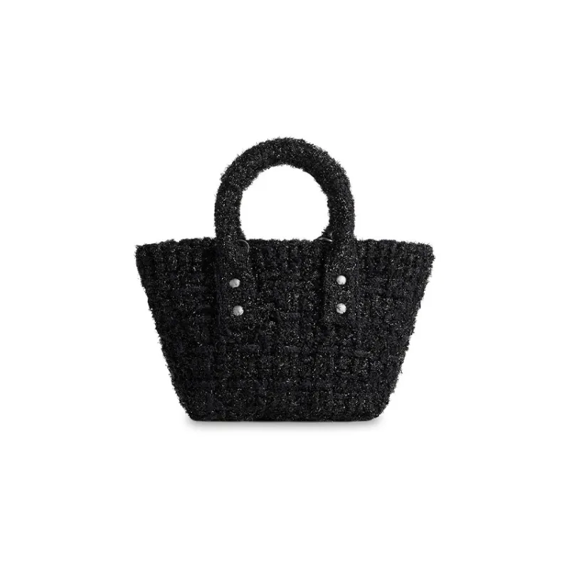Balenciaga BISTRO Bright Tweed Basket Bag, Shoulder Bag, Crossbody Bag, Handbag Extra Small Women's Black-4