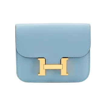 HERMES Constance Slim Evercolor Calfskin Wallets Card Holders Fanny Pack Women's J7 Bleu Lin Linen Blue