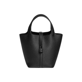 HERMES Picotin Clemence Leather Basket Bag Handbag Bucket Bag 18 Women's 89 Noir Black