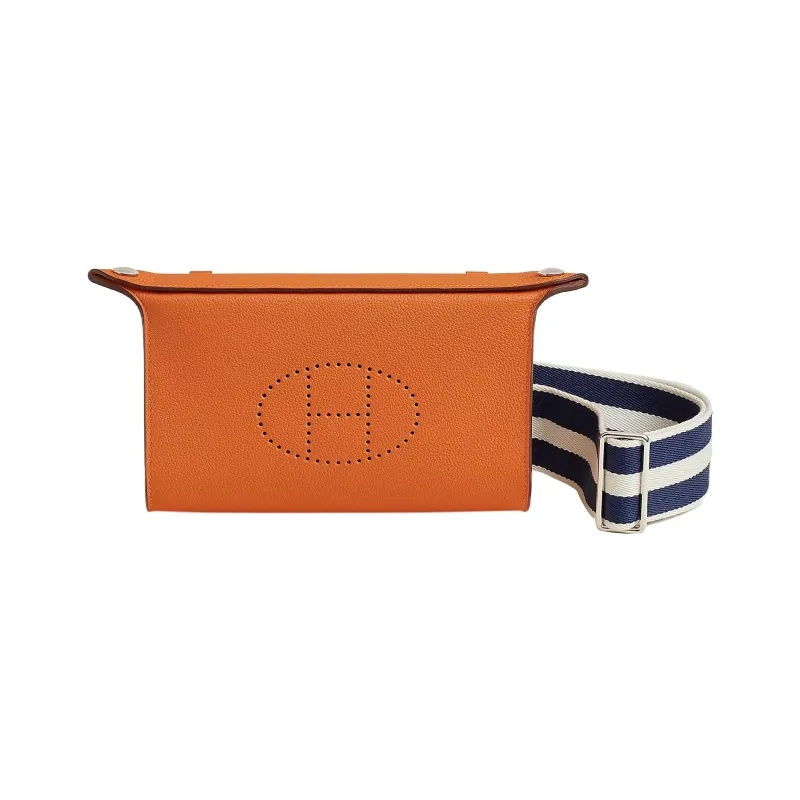 HERMES Videpoches Cow Leather With Canvas Videpoches Bag, Fanny Pack, Shoulder Bag, Crossbody Bag Men's Orange White-0