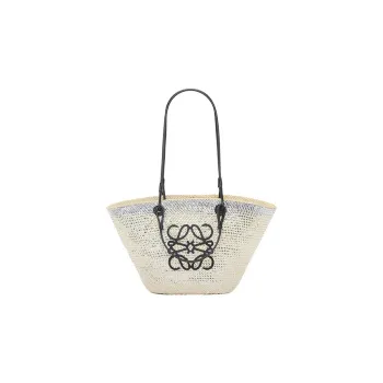 LOEWE Anagram Basket Palm Fiber Cow Leather Patchwork Handbag Shoulder Bag Women's White/Natural