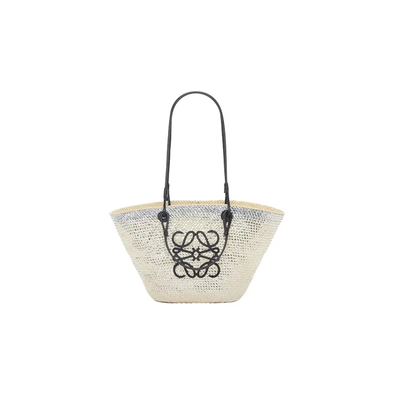 LOEWE Anagram Basket Palm Fiber Cow Leather Patchwork Handbag Shoulder Bag Women's White/Natural-0