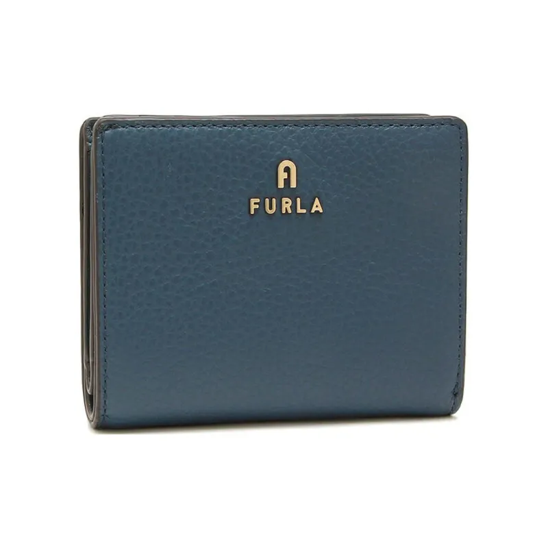 Furla Grained Leather Cropped Card Holder Wallet Mini Women's Blue-1