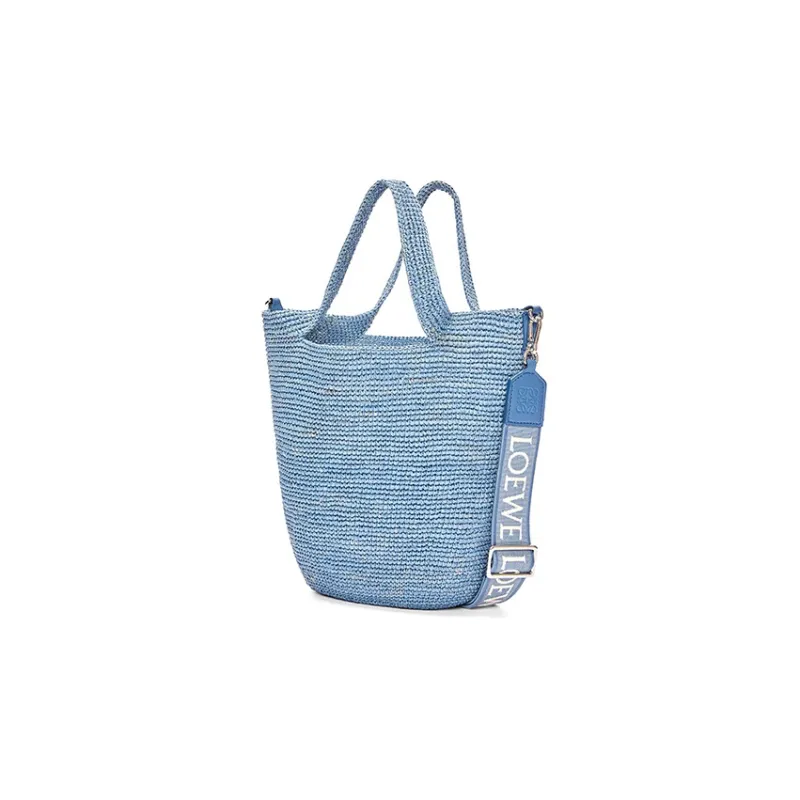 LOEWE Slit Raffia Fiber Cow Leather Patchwork Handbag Shoulder Bag Crossbody Bag Mini Women's Denim Blue-1