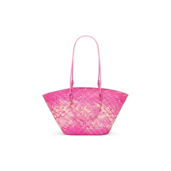 LOEWE Anagram Basket Iraqa Palm Fiber Cow Leather Patchwork Handbag Shoulder Bag Women's Peach Pink