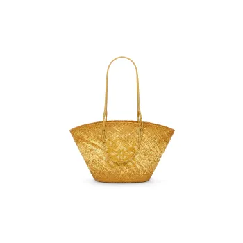 LOEWE Anagram Basket Iraqa Palm Fiber Cow Leather Patchwork Handbag Shoulder Bag Regular Women's Ochre