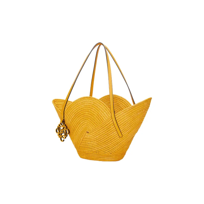 LOEWE Basket Raffia Fiber Cow Leather Patchwork Handbag Women's Ochre-1