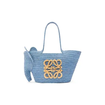 LOEWE Basket Raffia Fiber Handbag Small Size Women's Denim Blue