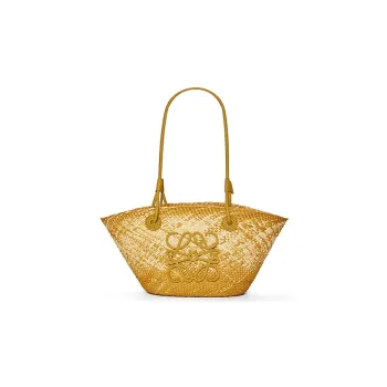 LOEWE Anagram Basket Iraqa Palm Fiber Cow Leather Patchwork Handbag Shoulder Bag Women's Ochre