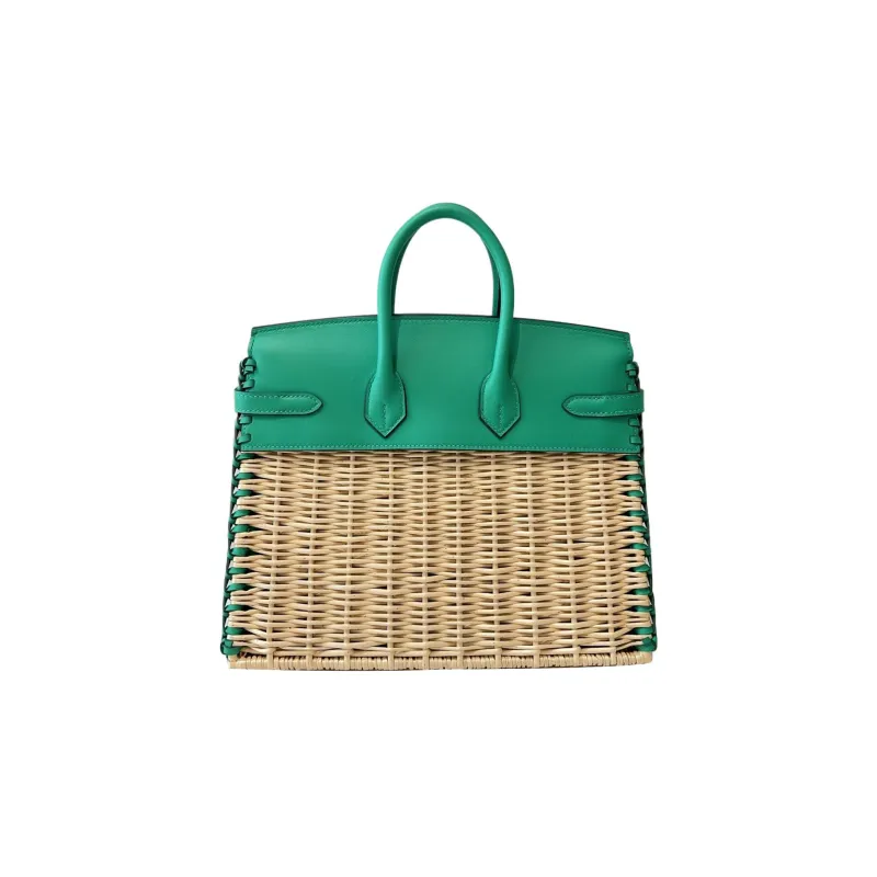 HERMES Birkin Wicker Patchwork Leather Birkin Bag Rattan Handbag Regular Women's 6W Menthe Mint Green-3