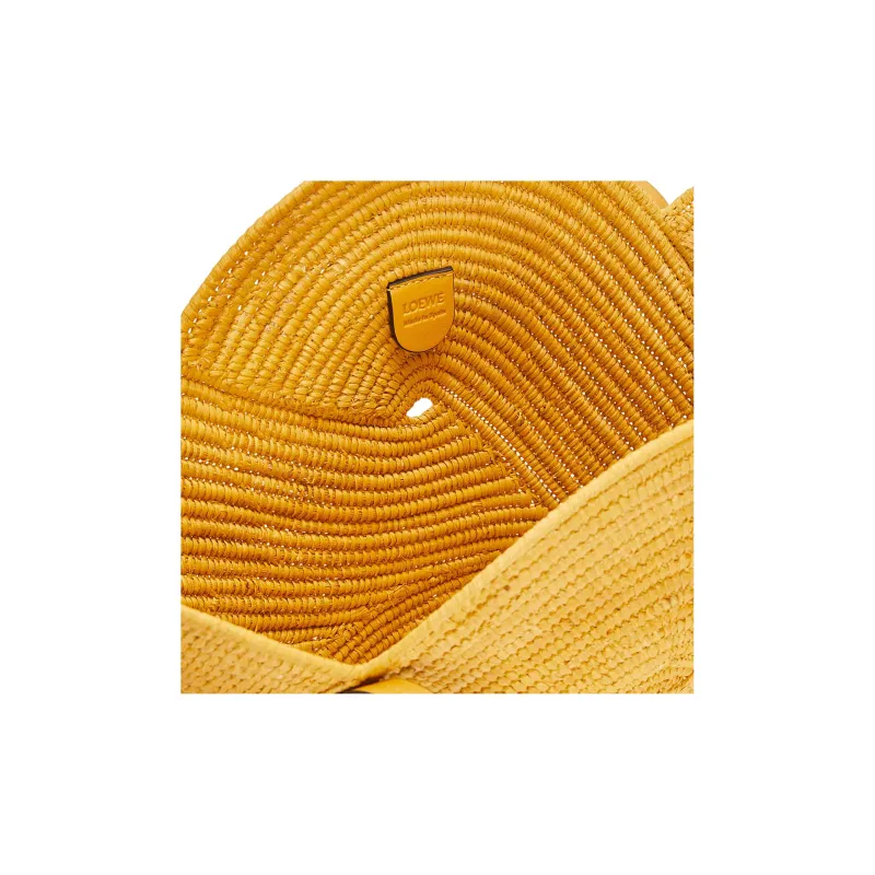 LOEWE Basket Raffia Fiber Cow Leather Patchwork Handbag Women's Ochre-3