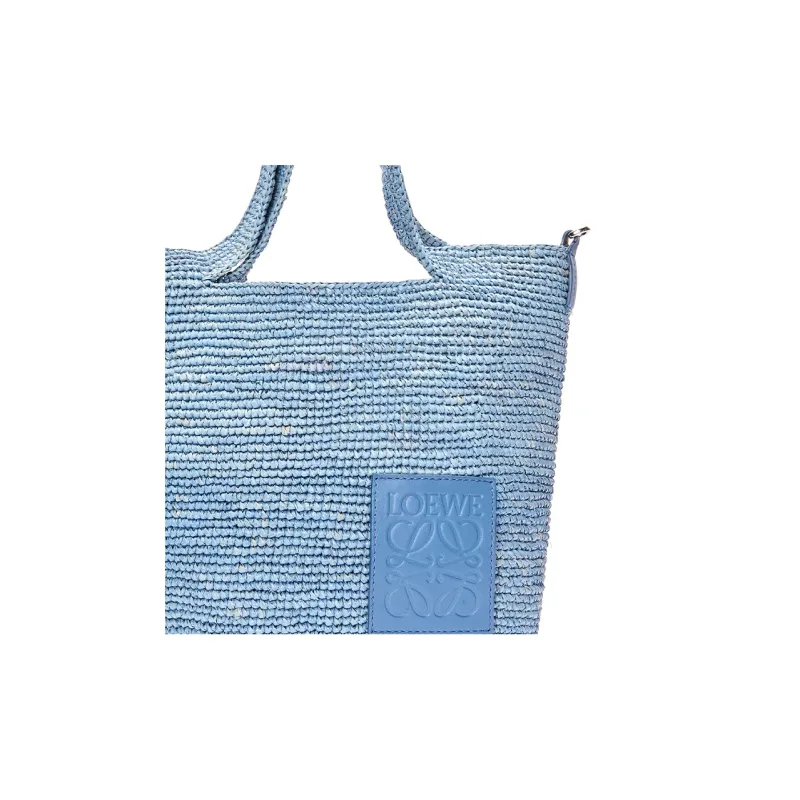 LOEWE Slit Raffia Fiber Cow Leather Patchwork Handbag Shoulder Bag Crossbody Bag Mini Women's Denim Blue-3