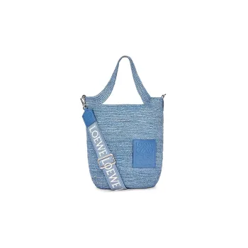 LOEWE Slit Raffia Fiber Cow Leather Patchwork Handbag Shoulder Bag Crossbody Bag Mini Women's Denim Blue