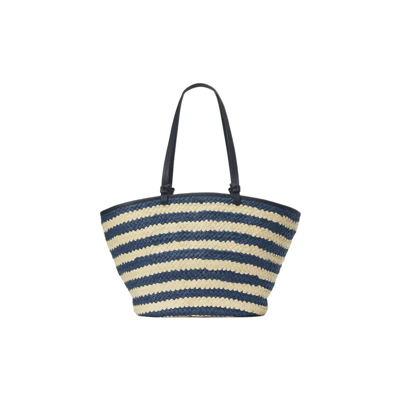 Kate Spade Straw Woven Leather Tote Bag Shopping Bag Handbag Shoulder Bag Women's Blue & Khaki-3