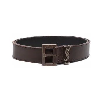 SAINT LAURENT Logo Emblem Pin Buckle Calfskin Leather Belts Men's Brown Width  3cm