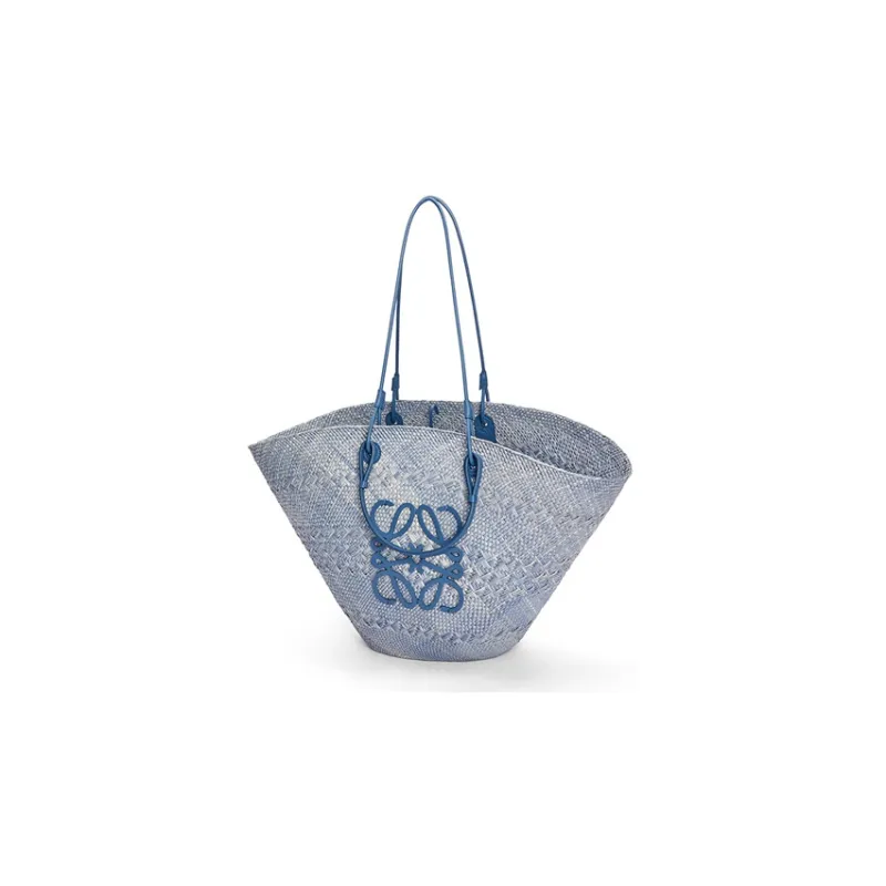 LOEWE Anagram Basket Iracap Palm Fiber With Cow Leather Basket Bag, One Shoulder Handbag Large Size Women's Denim Blue-1