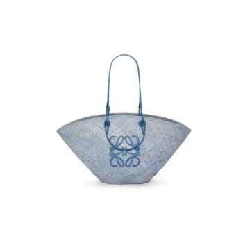 LOEWE Anagram Basket Iracap Palm Fiber With Cow Leather Basket Bag, One Shoulder Handbag Large Size Women's Denim Blue