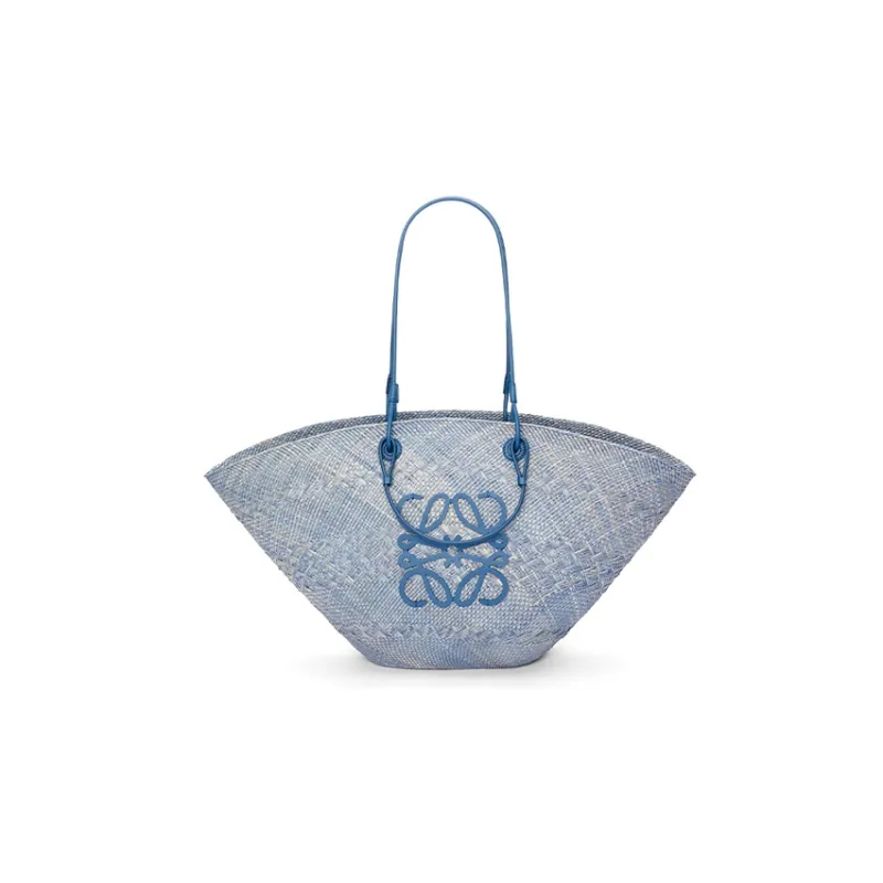 LOEWE Anagram Basket Iracap Palm Fiber With Cow Leather Basket Bag, One Shoulder Handbag Large Size Women's Denim Blue-0